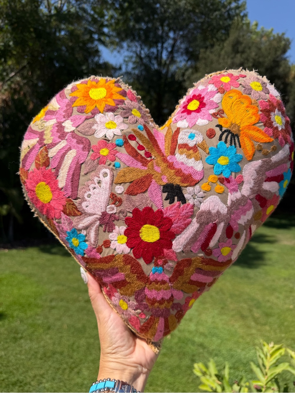 Hand-Embroidered Heart Pillow in Pink & Multicolor